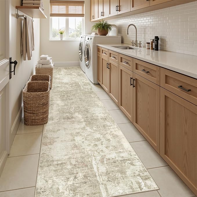 Soalmost Abstract Runner Rug 2x10 Hallway Kitchen Runners Beige/Gray | Vintage Washable Rugs for Bathroom Laundry Room, Low Pile Stain Resistant Floor Carpet Mat Entryway Corridor Bedroom