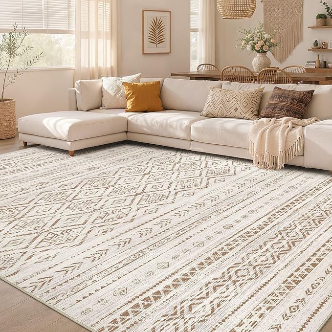 Nakagishi Area Rug Living Room Rugs: 6x9 Large Soft Machine Washable Boho Moroccan FarmNeutral Stain Resistant Indoor Floor Carpet for Bedroom Under Dining Table Home Office Decor-Brown
