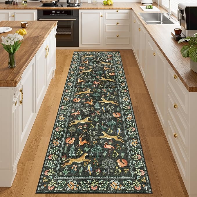 DUKINO 2.6x8 Rug for Hallway, Washable Kitchen Runner Rug Non Slip, Black | Low Pile, Stain Resistant, Soft Animal Indoor Carpet Runner for Entryway, Bedroom, Bathroom, Laundry, Lightweight, Home Decor