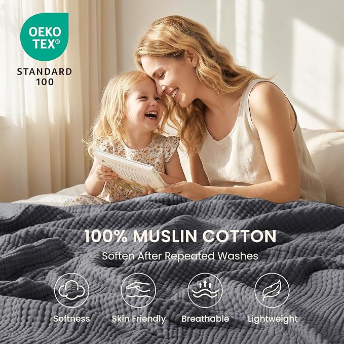 Love's cabin 100% Cotton Muslin Blanket, 6 Layer Lightweight Breathable Gauze Queen Size Blanket 90 x 90 Inches, Soft All Season Blanket for Bed, Dark Grey