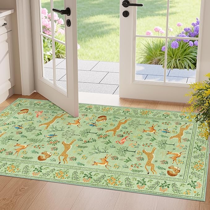 DUKINO 2x4 Rug for Entryway, Animal Washable Rug for Kitchen, Light Green | Non Slip, Low Pile, Stain Resistant Indoor Runner Rug for Hallway, Bedroom, Bathroom, Laundry, Pet Friendly, Non-Shedding