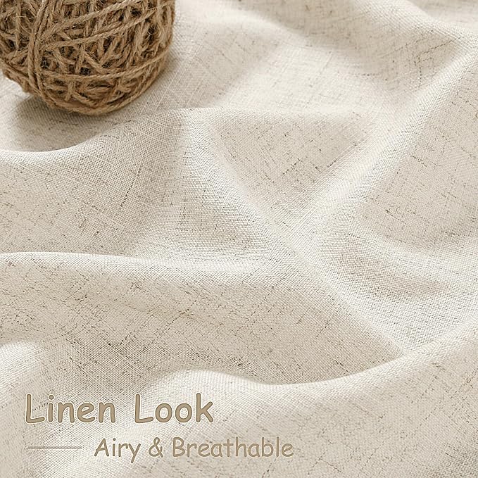 Warm Beige Linen Curtains 90 Inch Long 2 Panels Set for Bedroom Living Room Linen Textured Window Drapes Semi Sheer Light Filtering Rod Pocket Back Tab Cotton Textured Farmhouse Curtain 52x90