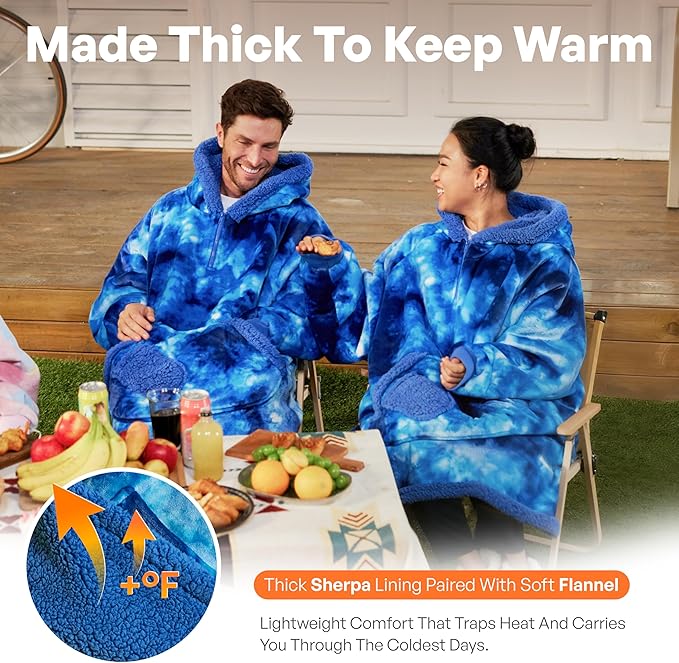 Giggling Getup Wearable Blanket Hoodie for Adults Gifts for Teen Girls Sister Women Sherpa Fleece Printed Hooded Blanket Sweatshirt Warm Cozy with Pocket & Sleeves Dark Blue Tie Dye