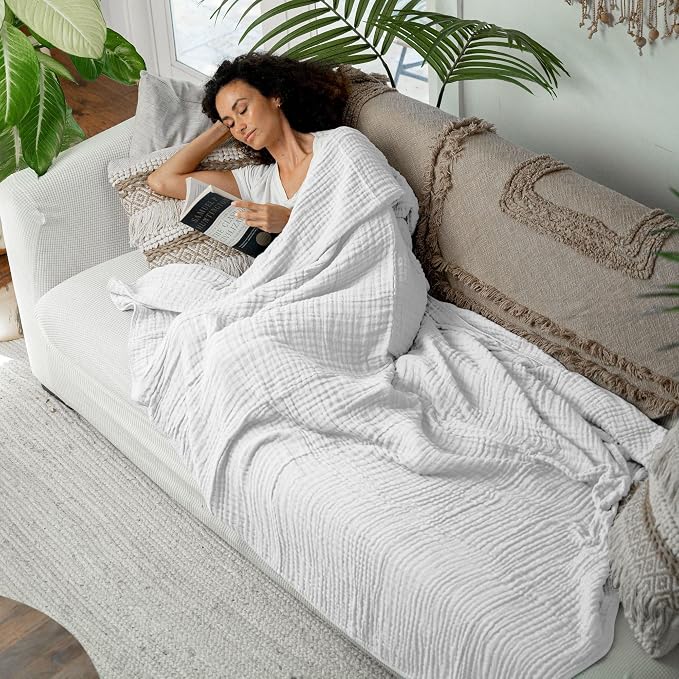 Comfy Cubs Adult Muslin Blanket 50x60” Throw Swaddle Blankets, White | 6 Layer Soft, Breathable & Lightweight Muslin Adult Blanket - Machine Washable & Designed in the US Bedding for All Seasons