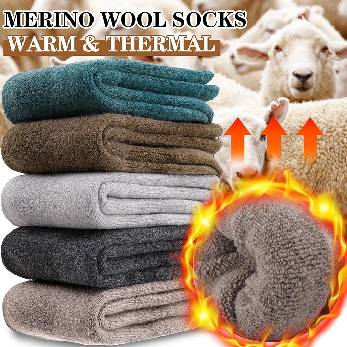 MOGGEI 5 Pairs Womens Merino Wool Socks Hiking Warm Winter Thick Thermal Crew Cozy Cabin Ladies Gift Comfy Boot Work Socks