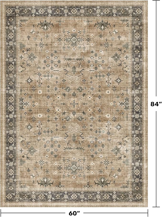 Hazo Haus Rustic Taupe Area Rug 5x7 for Living Room - Machine Washable Rugs for Dining Room, Kitchen Floor, Small Office, Low Pile Non-Slip Rubber Backing & Stain Resistance