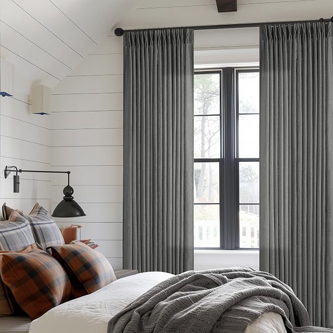 Charcoal Grey 84 Inch Pinch Pleated Linen Semi Sheer Curtains 2 Panel Set | for Living Room Dining Bedroom, Thick Linen Textured Drapes, Light Filtering, Pinch Pleat with Back Tab, Dark Slate Grey