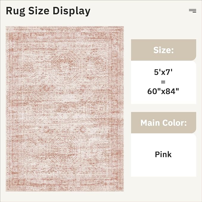 Soalmost 5x7 Area Rugs Pink Low Pile Washable Trendy Faded Style Rug | Vintage Non-Slip Indoor Accent for Bedroom Dining, Foldable Stain Resistant Floor Carpet Mat Under Table Home Office Decor