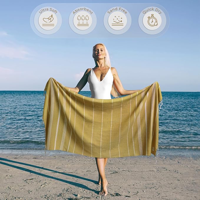 Ossano Turkish Beach Towel Quick Dry & Soft Oversized (39" x 71") - Compact, Versatile and Functional as Yoga Mat, Picnic and Travel Blanket, Cruise and Bath Towels - Mustard