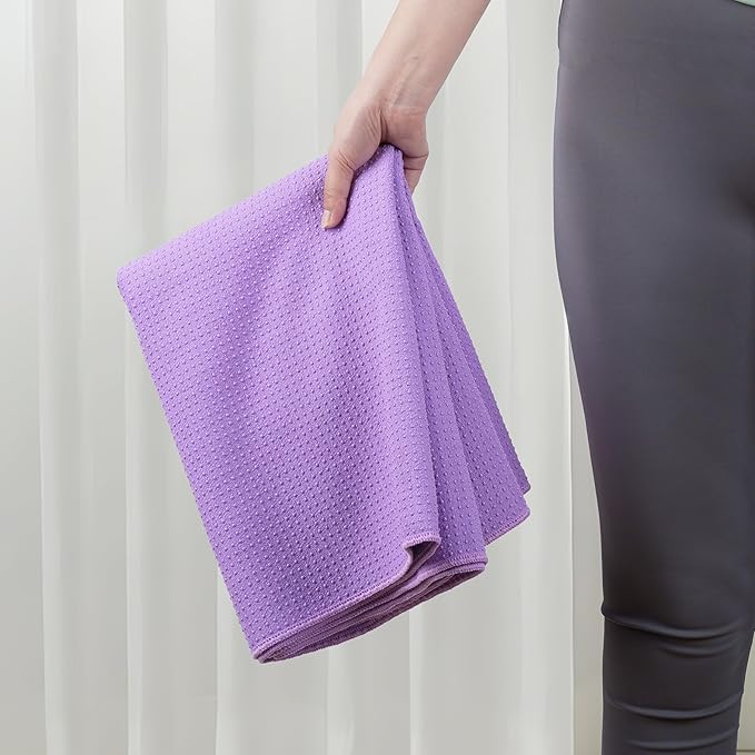 MICROFI Microfiber Hot Yoga Towel Mat, 24 x 72 inches, with Non-Slip Silicone Grip, Secure Fit Elastic Straps (Purple)