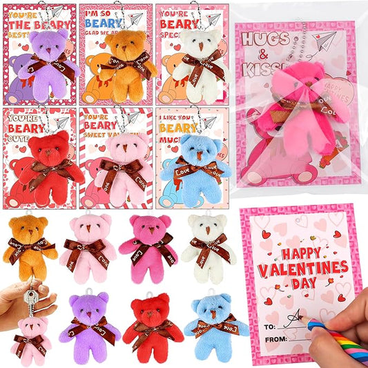 28 Pack Valentines Day Cards for Kids Classroom with Mini Bear Plush Toys Keychain Valentines Day Gifts for Kids School Valentines for Class Exchange Cards Valentines Party Favors Prizes Girls Boys