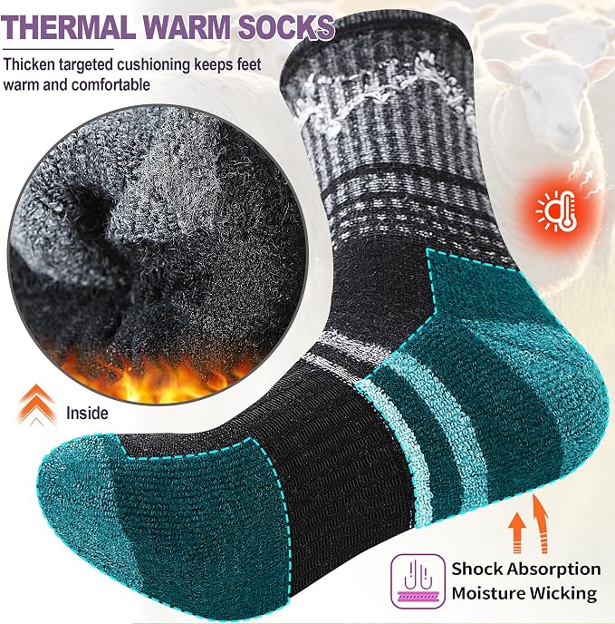 Sandsuced Merino Wool Hiking Warm Socks Thermal Winter Cozy Crew with Cushioned Sole & Moisture Wicking 5 Pairs for Women