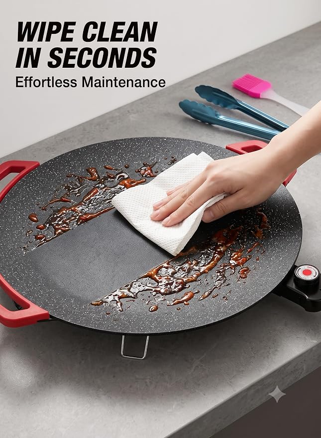 Round Electric Griddle, 1500W Smokeless Nonstick Indoor BBQ,The 16-inch round flat electric griddle easily cooks morning tortillas or Korean BBQ for the whole family.(16 inches)
