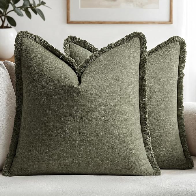 MIULEE Linen Fringe Decorative Euro Throw Pillow Covers Olive Green 22x22 | Set of 2, Cottagecore Decor, Boho Farmhouse Neutral Pillow Covers, Rustic Couch Cushion Cases for Sofa Bed Living Room