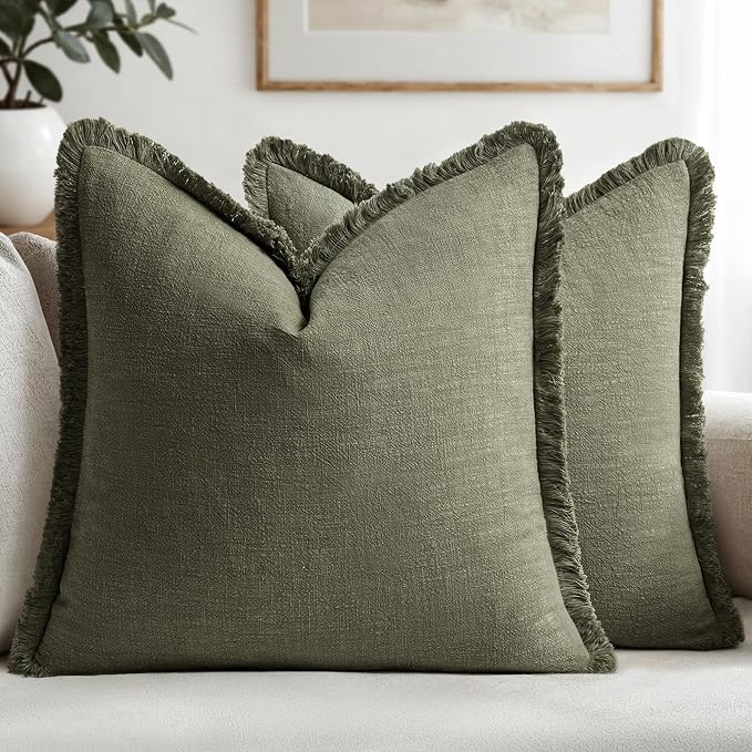 MIULEE Linen Fringe Decorative Euro Throw Pillow Covers Olive Green 24x24 | Set of 2, Cottagecore Decor, Boho Farmhouse Neutral Pillow Covers, Rustic Couch Cushion Cases for Sofa Bed Living Room
