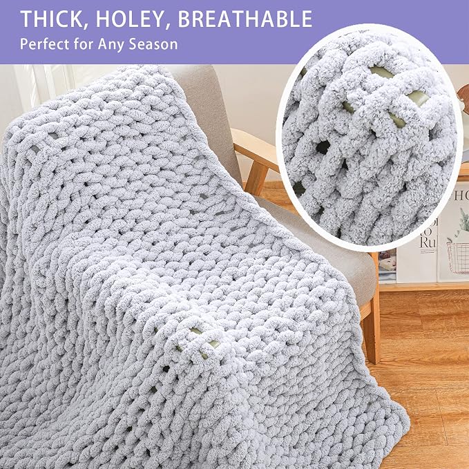 Bigacogo Chunky Knit Throw Blanket for Couch, 40x60 inches, Light Grey | Hand Knit with Jumbo Chenille, Soft Breathable Cable Knit for Sofa Bed Living Room, Machine Washable, Gift for Mom Friend