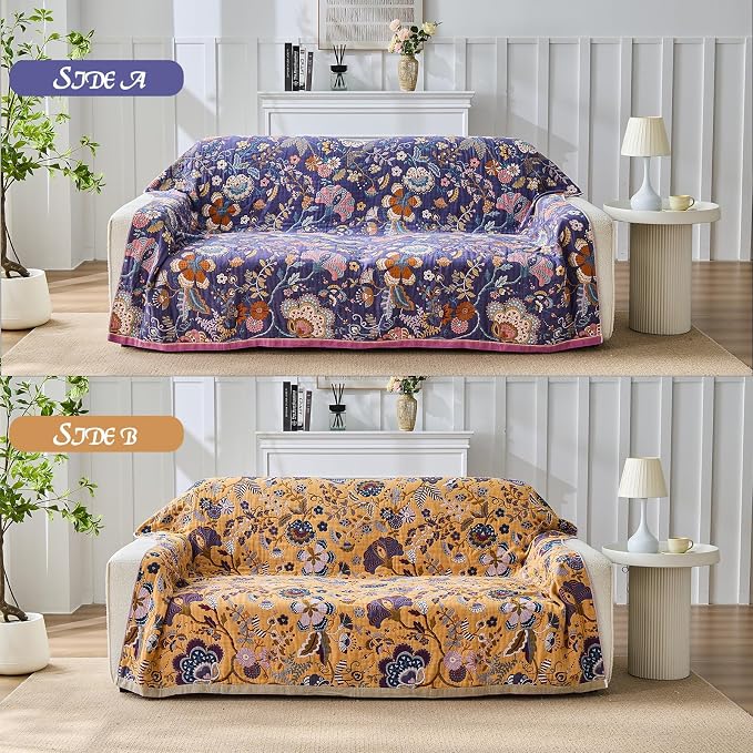 Boho Throw Blanket Farmhouse Decor Throw Blanket Bohemian Blanket for Bed 100% Cotton Muslin Woven Couch Blanket All Seasons Quilt Bedroom (H-Purple, 90"x98")