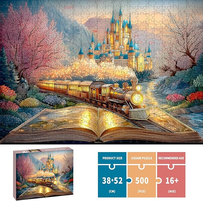 Puzzles for Adults 500 Pieces, Train Jigsaw Puzzles - Train of Fantasy, Impossible Glass Castle Puzzle for Seniors Families, 20.47x14.96 Inches, 1:1 Poster, Letter On The Back