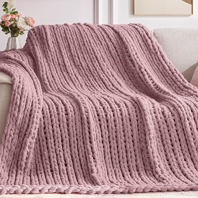 Negwoo Chunky Knit Throw Blanket, Knitted Throw Chenille Yarn, 80"*90" | Soft Thick Cable Knitted Blankets, Handmade Big Thick Blanket, Machine Washable Cute Comfy Blanket for Home Decor, Muted pink