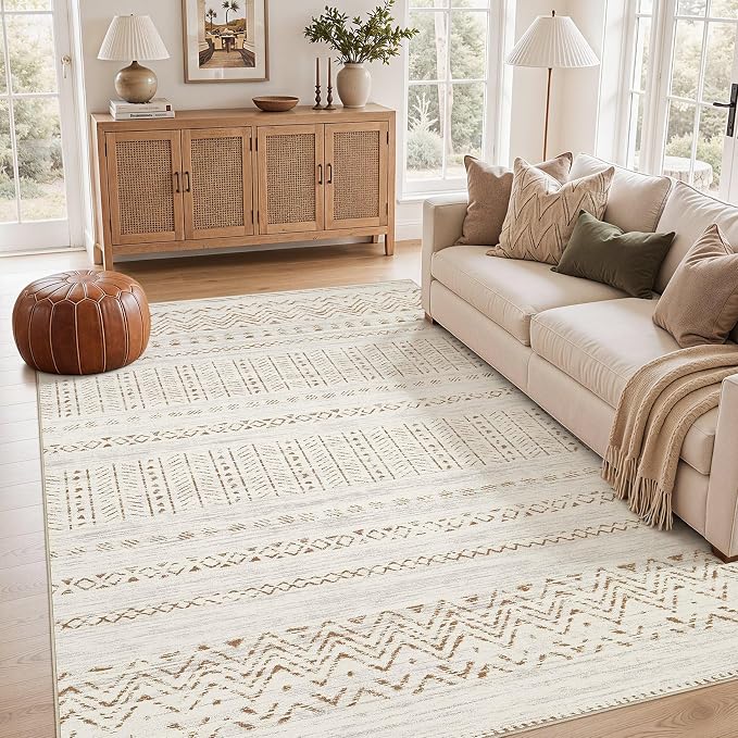 cotiled 6x9 Area Rugs Living Room Rug: Washable Boho Rugs with Non Slip Backing Large Soft Indoor Stain Resistant Carpet for Bedroom Farmhouse Dining Room Lightweight Home Decor Brown/Cream