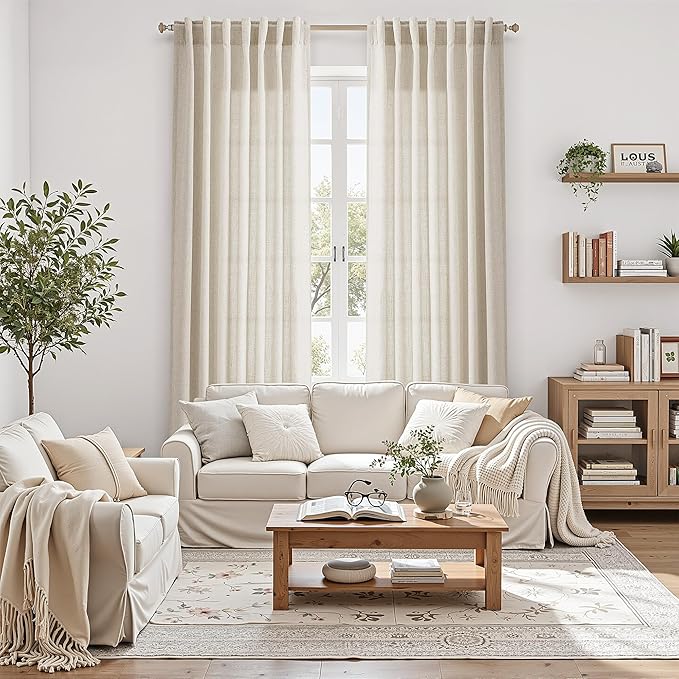 Nanspring Warm Beige Linen Curtains 84 Inch Length 2 Panels Set for Living Room Rod Pocket Back Tab Light Filtering Window Drapes for Bedroom Dining Room Protect Privacy Modern Farmhouse Decor 52x84
