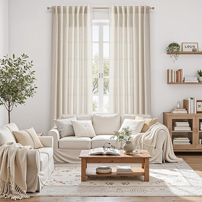 Nanspring Warm Beige Linen Curtains Semi Sheer 96 Inches Long 2 Panels Set for Living Room Back Tab Rod Pocket Light Filtering Drape for Bedroom Modern Farmhouse Coastal Decor Protect Privacy 52x96