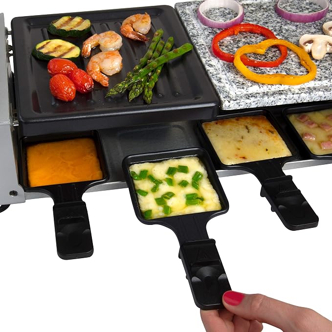 Electric Cheese Raclette Table Grill w Cooking Stone & Grilling Plate | Nonstick, Indoor Smokeless Korean BBQ 8 Person Tabletop Cooker Hotplate- Melt or Grill Meat, Veggies, Home Dinner Party, Apps