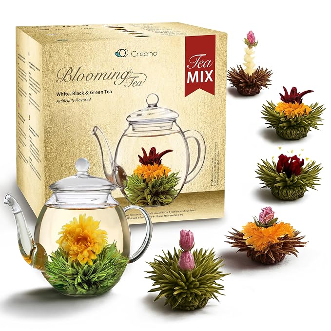 Creano Tea Flowers Mix Golden Gift Set Blooming Tea with Glass Teapot White, Green & Black Tea in 6 Varieties Tea Flower Blooming Tea Gift for Women