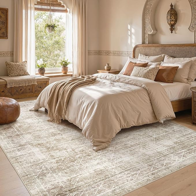 cotiled Washable Area Rugs 10x14 Living Room | Non Slip Backing, Stain Resistant, Pet Friendly, Large Neutral Soft Indoor Carpet For Bedroom, Nursery, Office, Beige/Brown