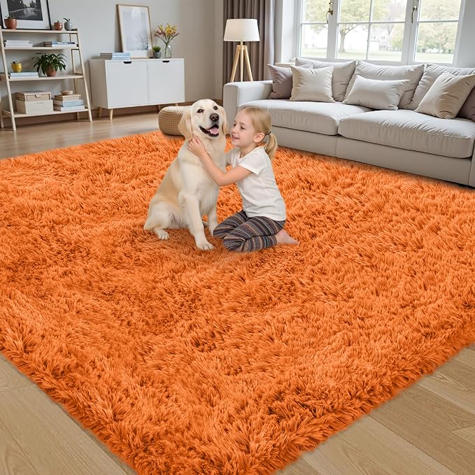 8x10 Area Rug for Living Room:Ultra Soft Fluffy Shag Brown Rugs,Large Fuzzy Plush Indoor Non Slip Carpet Washable Rug for Bedroom Kids Nursery Office Dorm Modern Decor(Orange 8'x10')