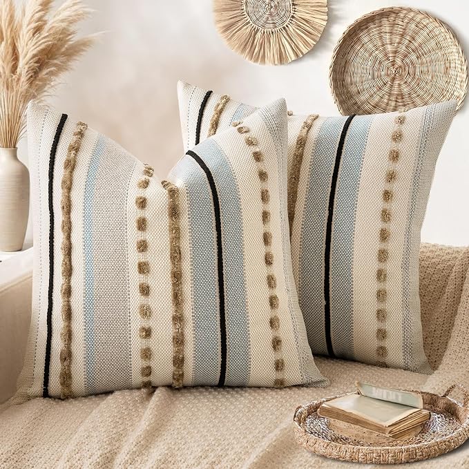 ANRODUO Boho Decorative Pillow Covers 18x18 Light Blue Stripe Pack of 2 | Euro Throw Pillow Covers, Farmhouse Cushion Case, Chenille Pillow Cases, Pillow Covers, Neutral Pillowcase for Sofa Couch Bed