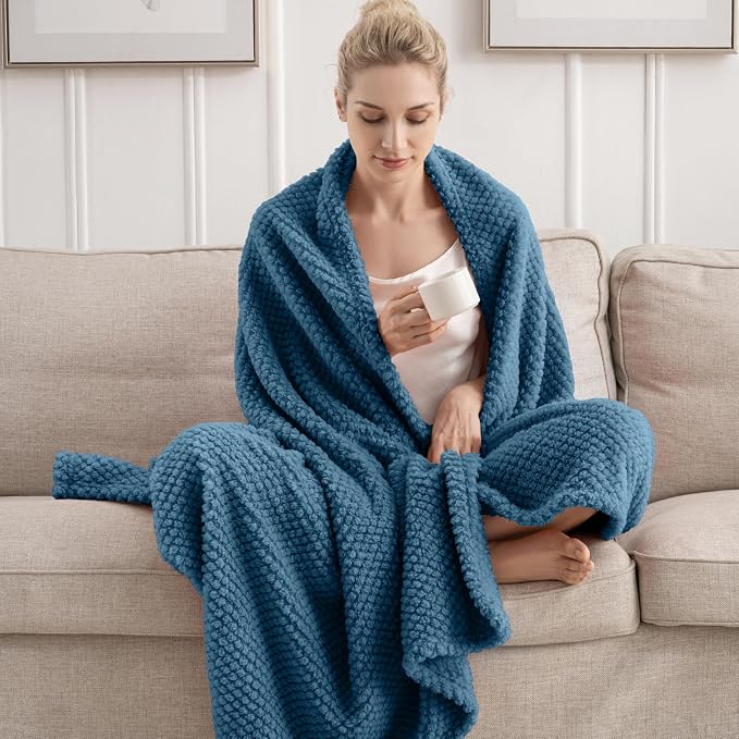 Blue Soft Fleece 300GSM XL Throw Blanket for Couch Cozy Flannel Room Decorative Blankets, Lightweight Plush Blanket for Bed Sofa, 50x70