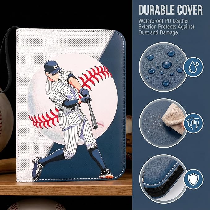 HBK Baseball Card Binder 900 Pockets Trading Card Holder Album with 50 Pages 3 Ring Sports Card Storage Case Waterproof PU Leather Gift for Collectors
