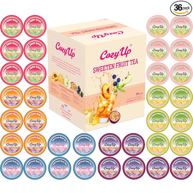 Cozy Up Iced Sweet Fruit Tea Variety Pack, 36 Count - Compatible with Keurig Brewers, Includes Berry Paradise,Peach,Passion,Lemon,Peach Oolong & Apple Green Tea - Single Serve Pods for Brew Over Ice