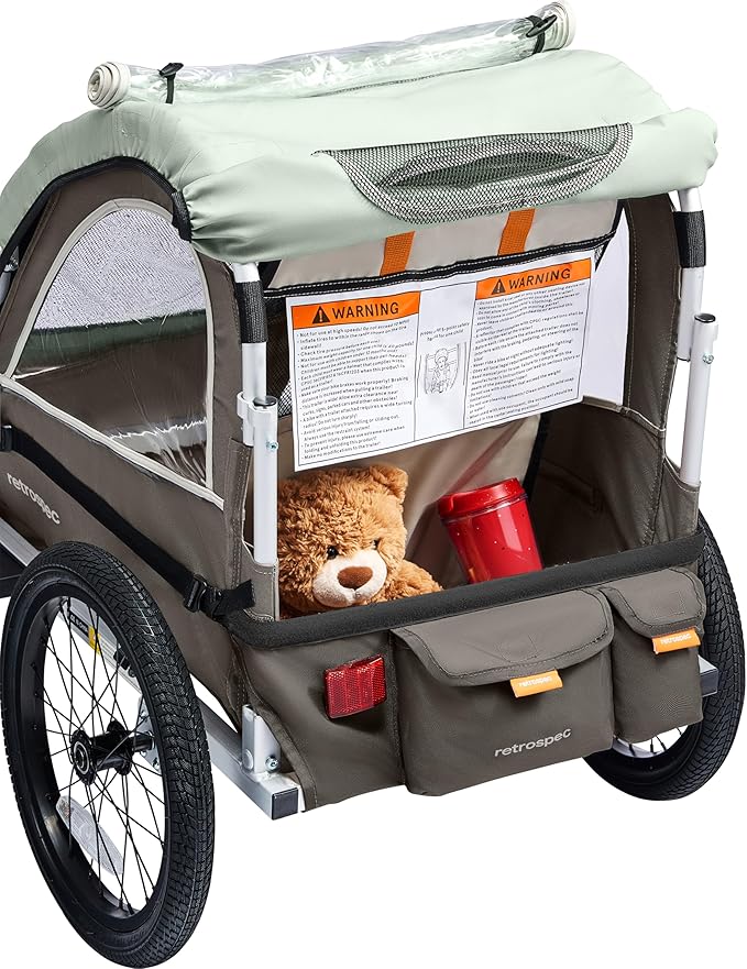 Retrospec Rover Plus Foldable Bike Trailer for Kids, Single/Double Passenger Child Bike Trailer with 5-Point Safety Harness, Reflective, Weather-Resistant Fabric and Safety Flag - Supports 40-80 lbs