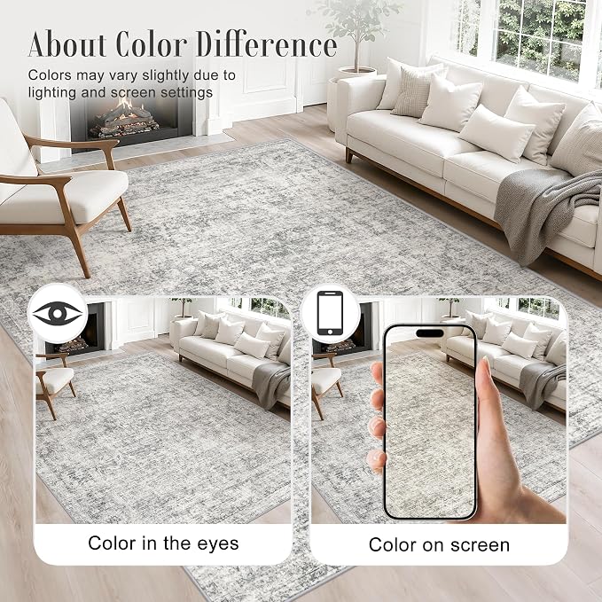 5x8 Area Rug Living Room Rug: Washable Modern Abstract Soft Thin Rug Indoor Floor No Slip Carpet for Bedroom Dining Room Farmhouse Nursery Home Office - Retro Black Grey