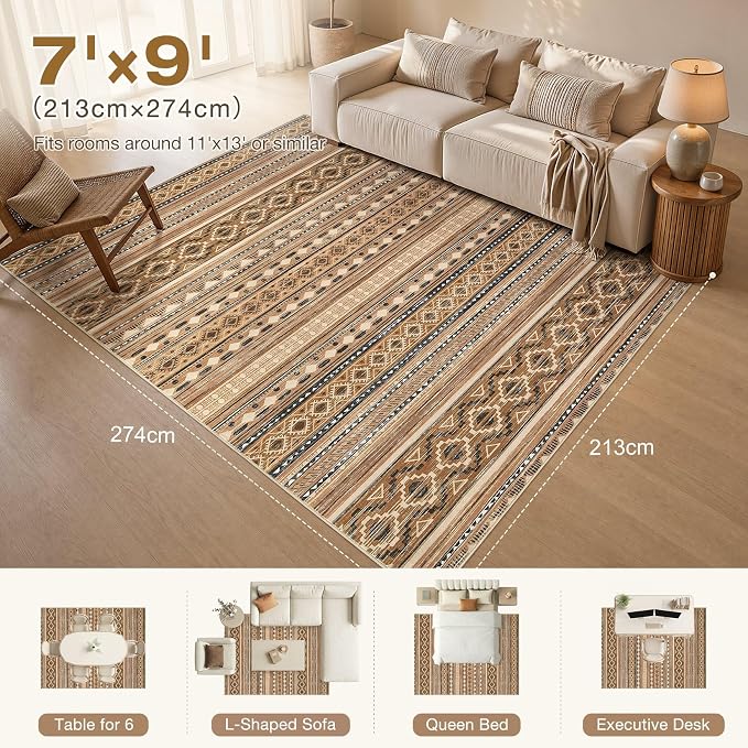 cotiled 7x9 Area Rugs Living Room Rug: Washable Boho Rugs with Non Slip Backing Large Soft Indoor Stain Resistant Carpet for Bedroom Farmhouse Dining Room Lightweight Home Decor Brown/Beige