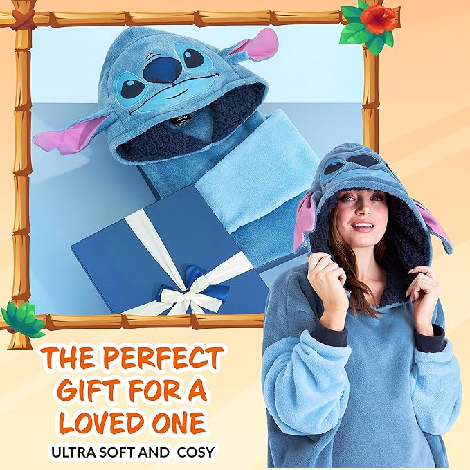 Disney Fleece Hoodie for Adults and Teenagers Oversized Hooded Poncho One Size - Stitch Gifts