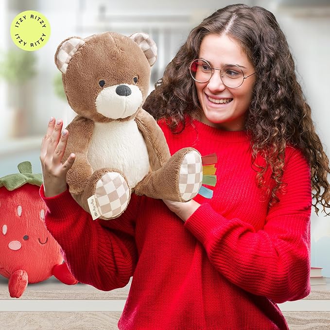 Itzy Ritzy Snuggles Plush Toy – Soft Stuffed Animal for Babies, Kids & Adults – Sensory Ribbons & Textured Fabrics for Tactile Play – Cozy & Cuddly Companion for Newborns & Up (Bear)
