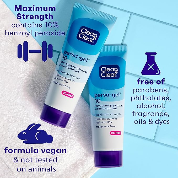 Clean & Clear Persa-Gel 10 Oil-Free Acne Spot Treatment with Maximum Strength 10% Benzoyl Peroxide, Topical Pimple Cream Visibly Reduces Acne in One Day, Fragrance-Free, 1 fl. oz
