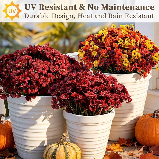 ColoPlay 24PCS Burgundy Artificial Flowers for Outdoors Faux Mums Plant | Artificial Mums for Outdoors/Indoors Faux Mums for Planters, Fall Flowers for Decoration Garden Porch Box Home Farmhouse