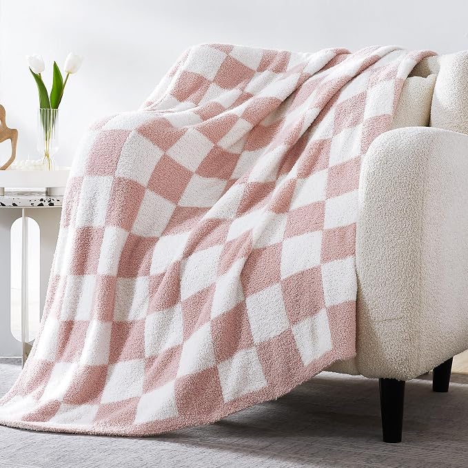 Soft Checkered Throw Blanket for Couch-Cozy Warm Knitted Blankets | Lightweight Warm Fluffy Decor for Women, Mom, Her & Girls, Sofa, Chair, Bed, 50x60in,Pink