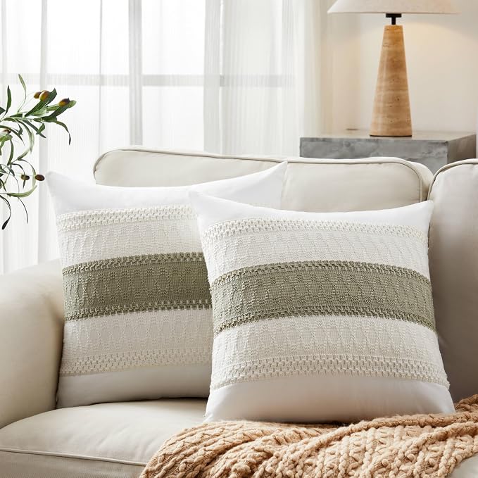 2pk Boho Pillow Covers 16x16, Natural White/Contrast/Dark Sage | 100% Organic Cotton Body, Stripe Embroidery, Farmhouse Decorative Cushion Covers for Sofa Bed Living Room Home Decor