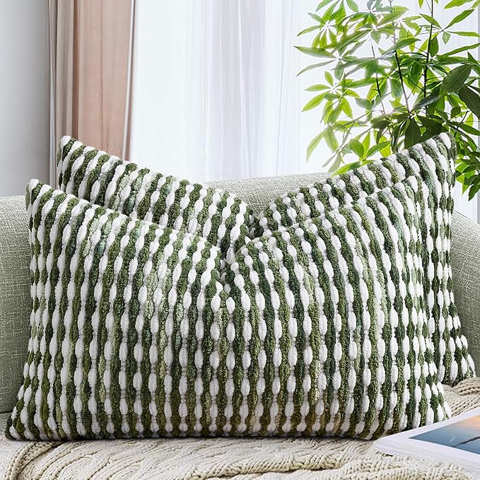 Set of 2 Boho Chenille Pillow Cover Decorative Tufted Pillowcase for Couch Bed Sofa Bedroom Living Room Modern 12 x 20-Inch Sage Green