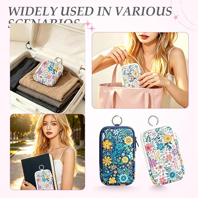 KJQJLY 2 Pack Portable Tampon Organizer Bag Tampon Holder & Storage Case with Zipper for Travel, Discreet Period Bag for Purse, Waterproof Feminine Products Pouch for Women (Flower 2)