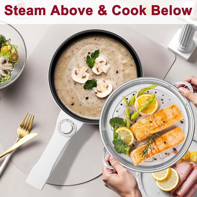 Dezin Electric Pot with Steamer, 1.5L Non-Stick Portable Hot Pot Electric | Dual Power, Upgraded 600W Electric Pot for Cooking Steak, Egg, Soup, Ramen Cooker for Dorm, Travel, RV, Office, Pink Pan