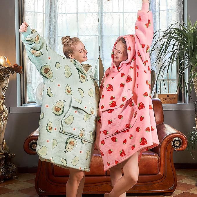 Krifey Wearable Blanket Hoodie, Oversized Sherpa Fleece Sweatshirt with Giant Pocket, Birthday Gifts for Women, Mom, Sister, Strawberry