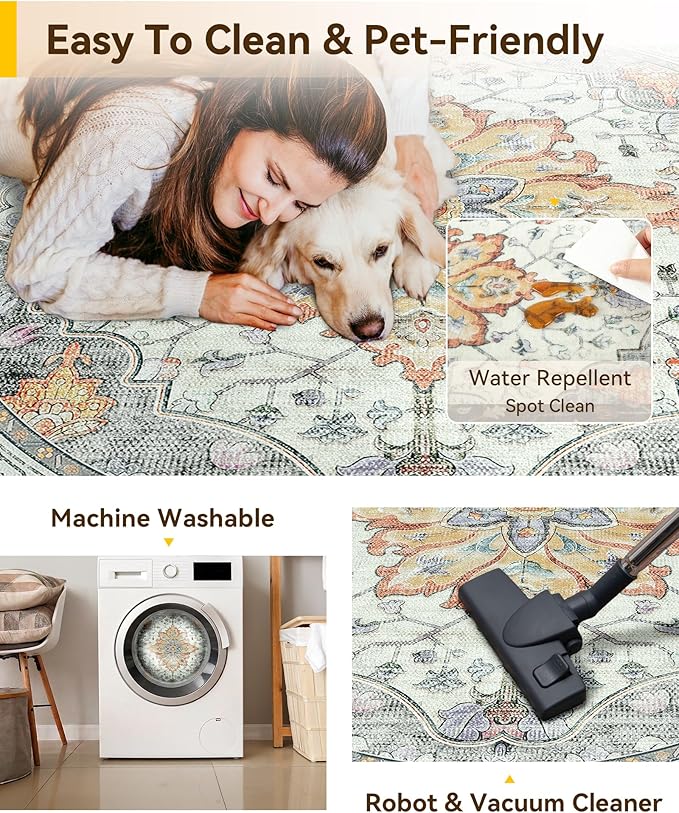 RELEANY Area Rugs Round 7ft Washable Non-Slip, Floral Vintage Distress Medallion Carpet for Living Room Bedroom Dining Room, Beige Carbon Grey Orange