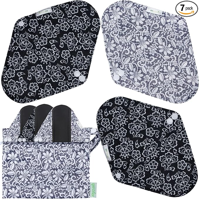 Wegreeco Reusable Menstrual Pads - Soft Cloth Sanitary Pads & Panty Liners - 6 Pack with 1 Cloth Wet Bag (Black, Grey Lace, Medium)