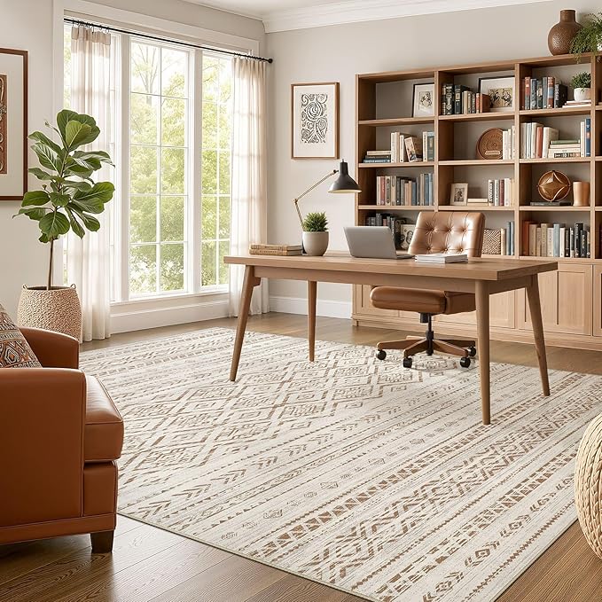 Nakagishi Area Rug Living Room Rugs: 5x7 Large Soft Machine Washable Boho Moroccan FarmNeutral Stain Resistant Indoor Floor Carpet for Bedroom Under Dining Table Home Office Decor-Brown